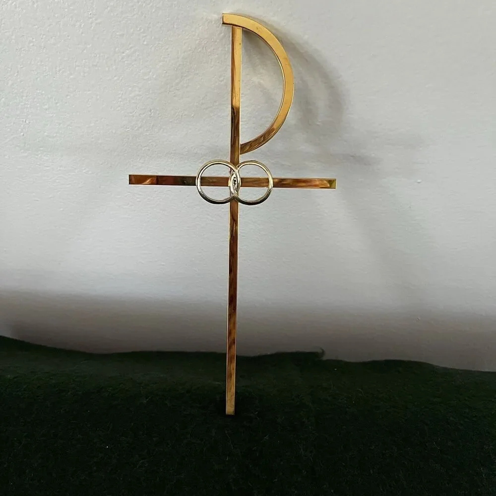 Brass Cross w/ Interlocking Wedding Rings For Christian Marriage Wall Art 8